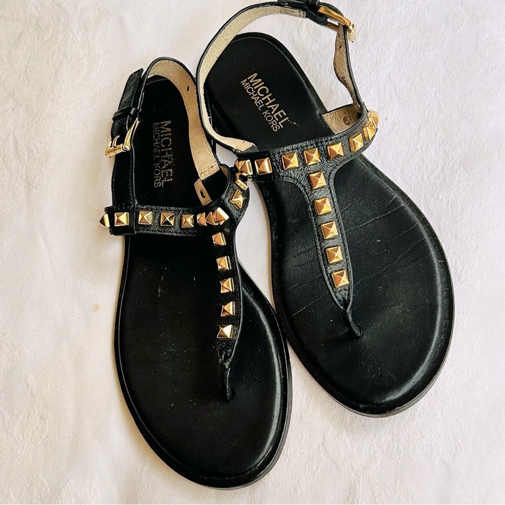 Michael Kors black leather with gold studs flat sandals size 8